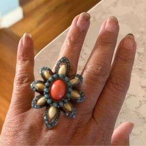 Southwestern Style Flower Ring Turquoise Coral Statement Adjustable Ring